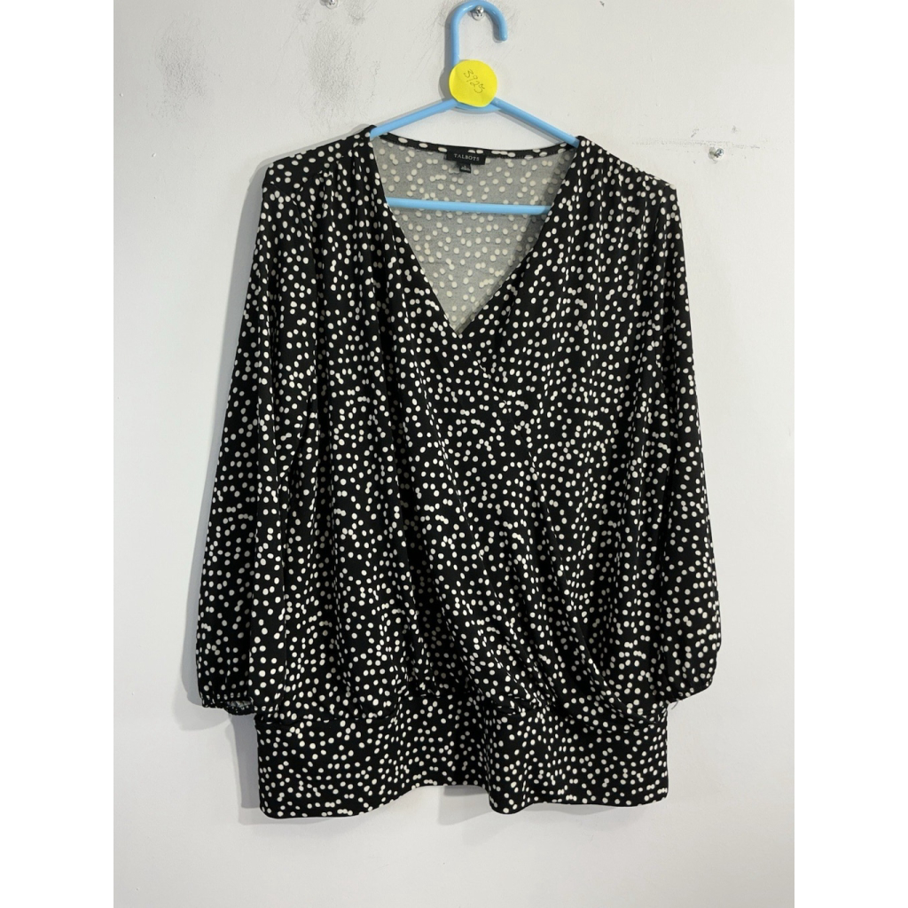 Womans Talbots Large Blouse Polka Dot Black White V Neck Criss Cross Front